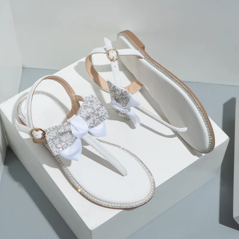 

Rhinestone Sandals Bow Shoes 2022 Women's Large Size Summer Heels New Fashion Big Outside Flat Girls Low Butterfly-knot Rubber S