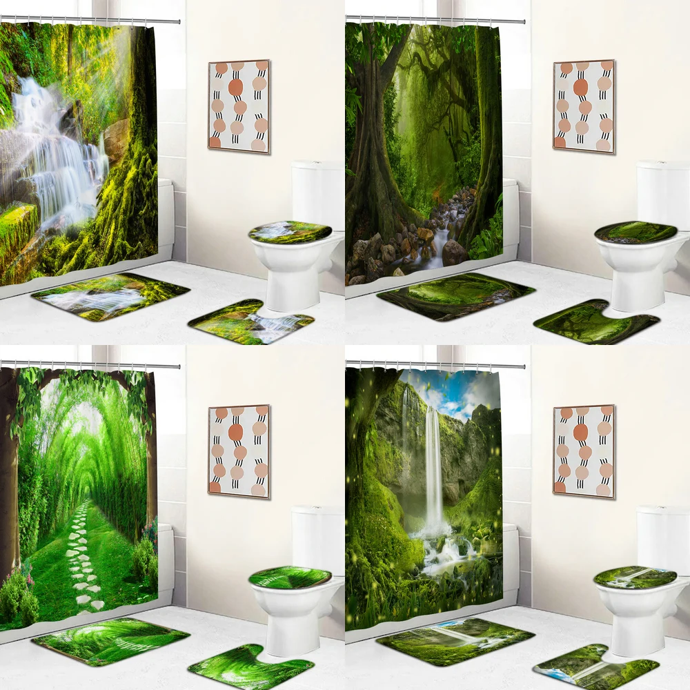 

3D Fantasy Fairy Tale Forest Scenery Fabric Shower Curtains Bathroom Curtain Anti-skid Rugs Carpet Toilet Lid Cover Bath Mat Set