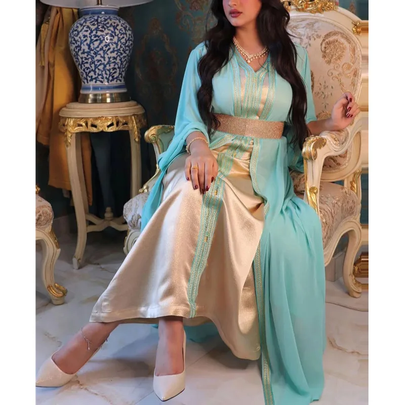 

Diamonds Kaftan Chiffon Overdress Satin Inner Dress Arabic Party Wear Wedding Ball Gown Muslim Ramadan Abaya