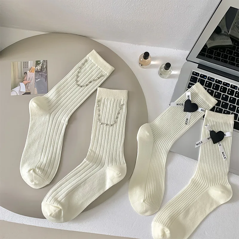 Lolita White Cotton Socks Women JK Chain Bandage Socks Female Sweet Long Socks Ankle Calcetines mujer Medias