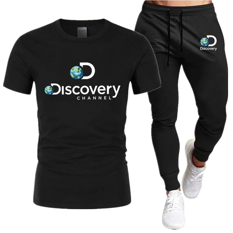 

Hot-Selling Discovery Channel Summer T-Shirt Pants Set Casual Brand Fitness Jogger Pants T Shirt Sportswear Men's Tracksuits