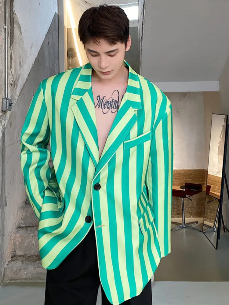 

SYUHGFA мужская одежда Koean Повседневный зеленый полосатый костюм пальто для мужчин 2022 Весна Осень Новые свободные Простые Длинные рукава блейз...