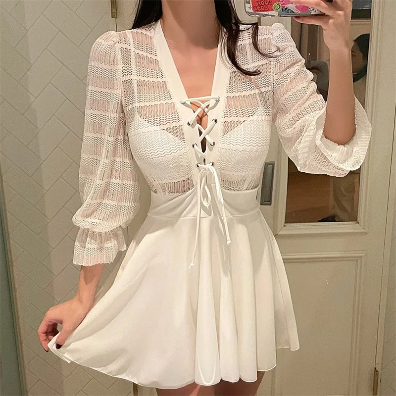 2021 New Long-sleeved Swimsuit Female Fairy Fan Gathered Skirt Conservative Boxer Shorts Hot Spring Swimsuit Female