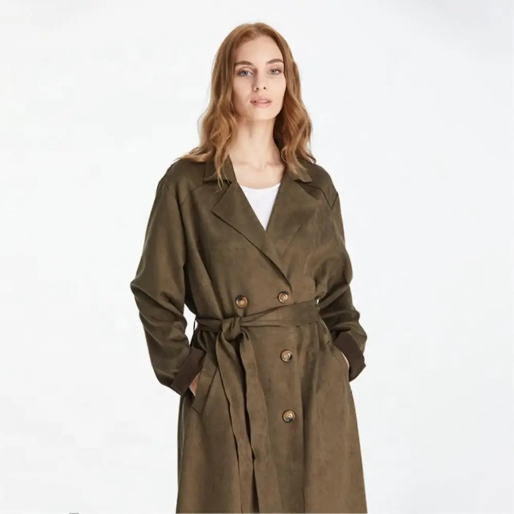 Women Winter Real Suede double-breasted Coat Long With Belted Pure Color Fashion Windbreaker Leisure Lapel Loose Jacket