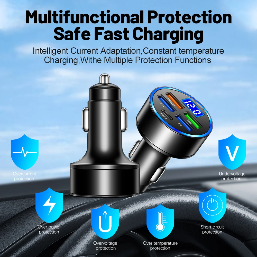 66W 5-Port Fast Phone Charger 3.1A Usb Car Charging Adapter for IPhone 13 Pro Xiaomi Huawei Samsung