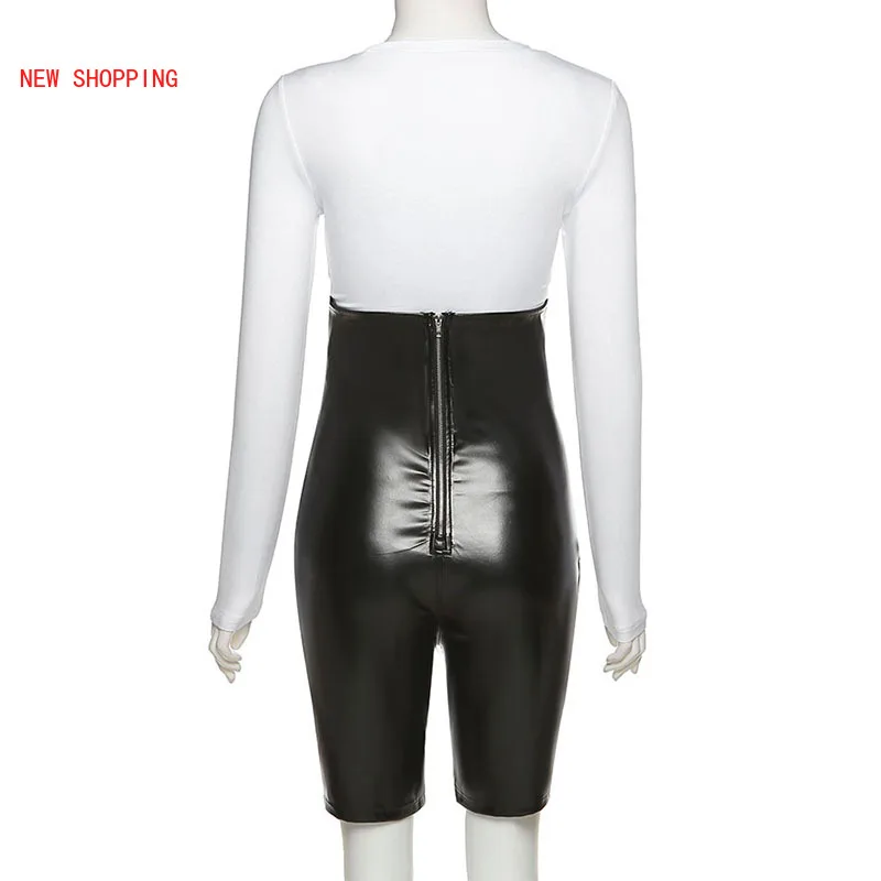 Sexy Women Set Casual Stretchy Crop Tops+Faux PU Leather Overalls Pants Matching Two Piece Sets Slim Fitness Workout Clubwear