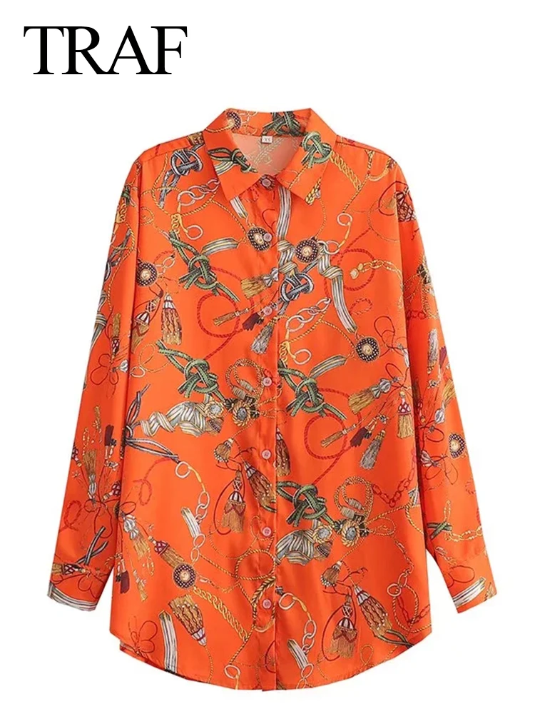 

Шикарная Китайская традиционная оранжевая Длинная женская рубашка с узлом TRAF, Ослепительная модная однобортная блузка с длинным рукавом