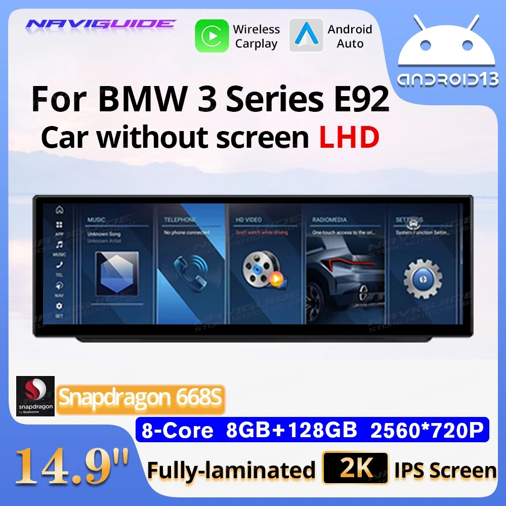 NAVIGUIDE 14 9 дюйма Android13 для BMW 3 серии E92 CCC/CIC LHD 2006-2010 беспроводной CarPlay автомобильный