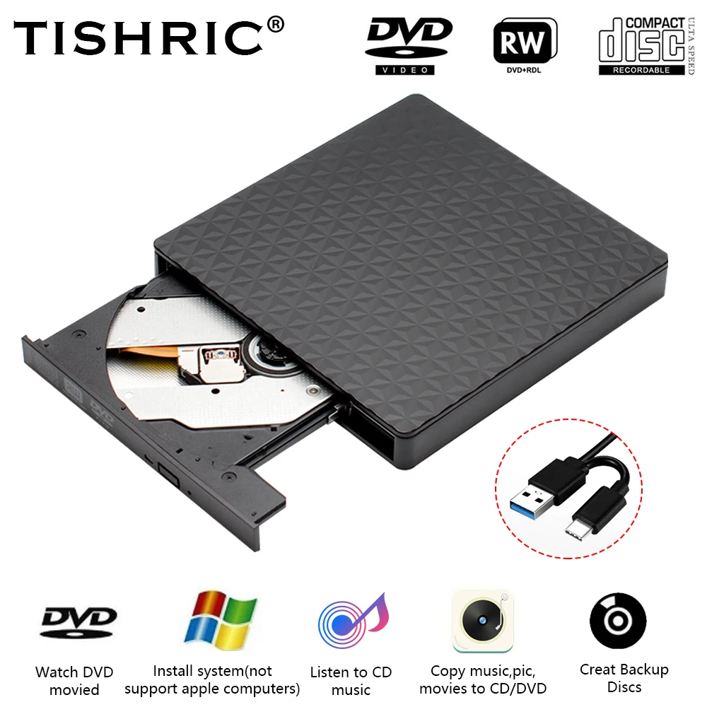 

TISHRIC External Optical Drive USB 2.0 3.0 Type C Cable Drive DVD-RW ROM External CD DVD Drive For IMac Laptop Desktop CD Player