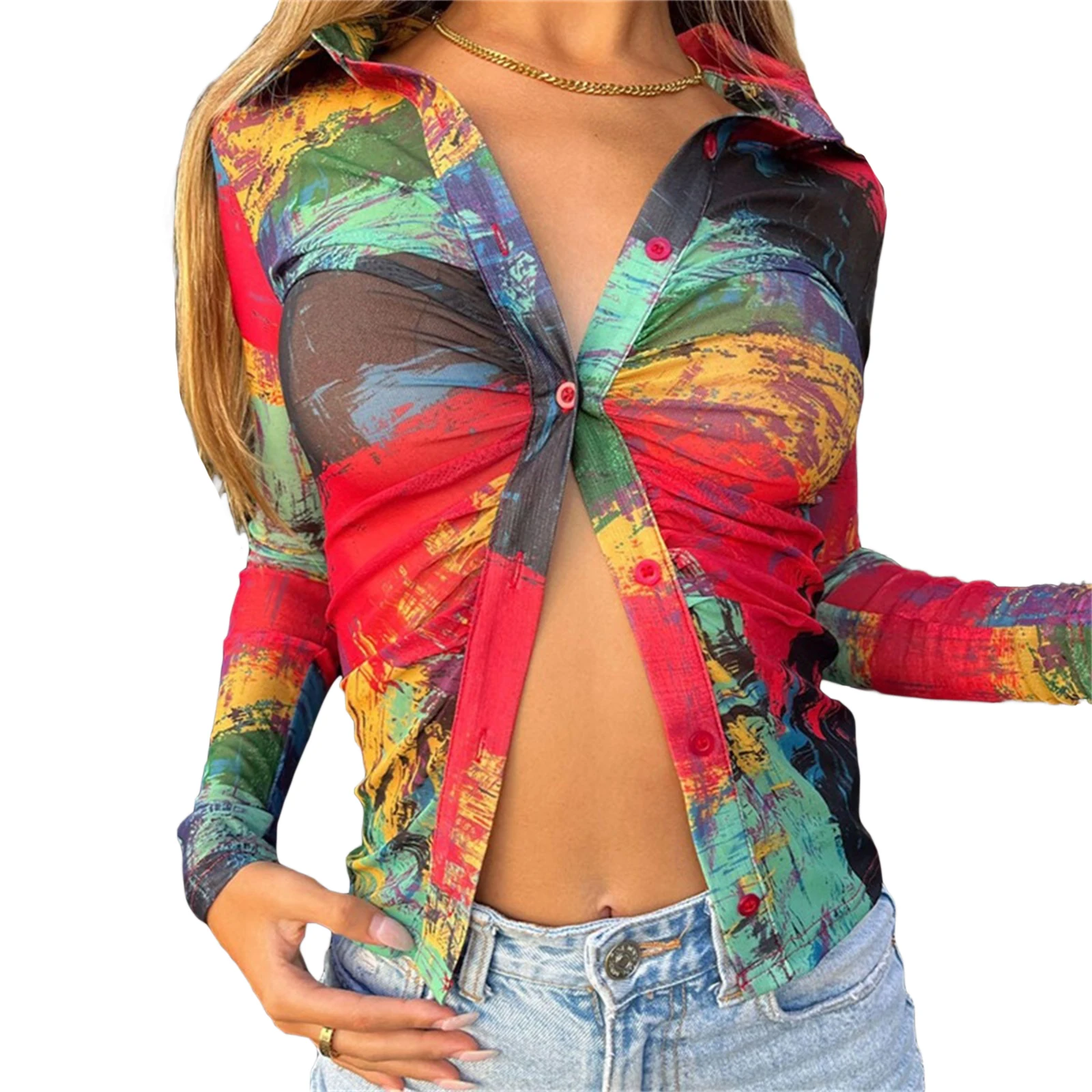 

Женская рубашка с рюшами, длинным рукавом и V-образным вырезом, на пуговицах