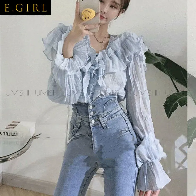 

Ruffled O-Neck Flare Long Sleeve Chiffon Women Blouse See Through Fairycore Elegant Fashion Lady Shirt Spring Sumer New Clothes