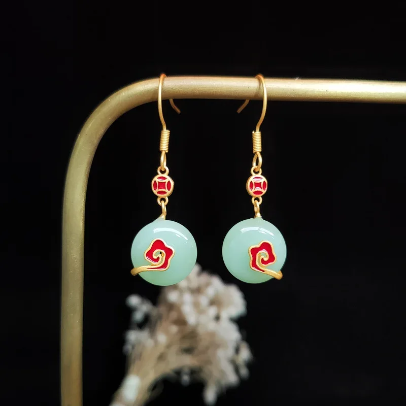 

Noble Palace Style Earrings Chinoiserie Ancient Cheongsam Earrings Cold Enamel Auspicious Cloud Hotan Jade Antique Earrings