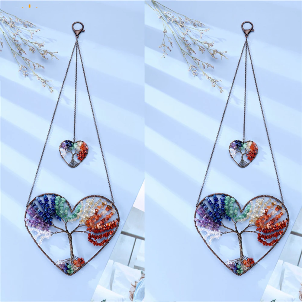 

Mineraali Mini Tumbling 7 Chakras Natural Gemstone Double Heart Tree of Life FengShui Hanging Ornament Spiritual Garden Decor