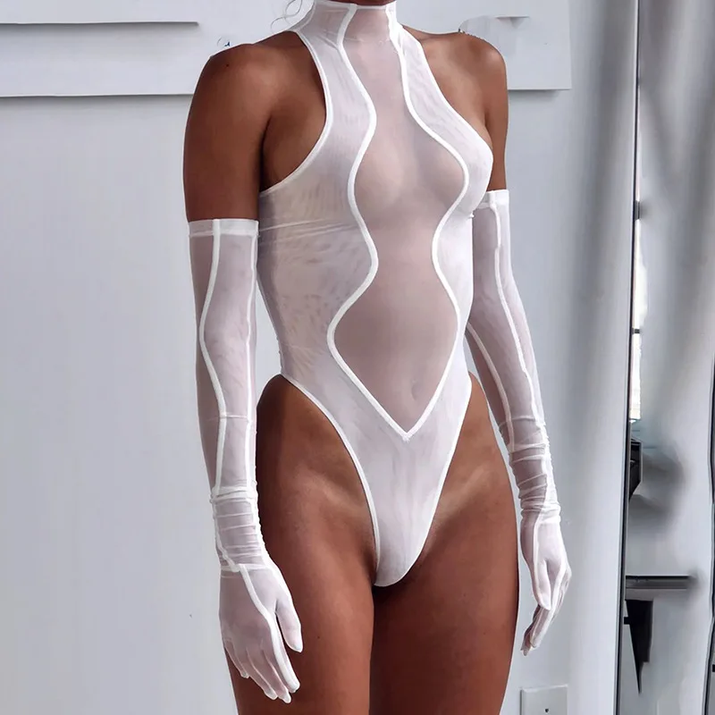 

Woman Sleeveless Mesh Short Jumpsuit Solid Color High Neck Playsuit +gloves 2Color S-L
