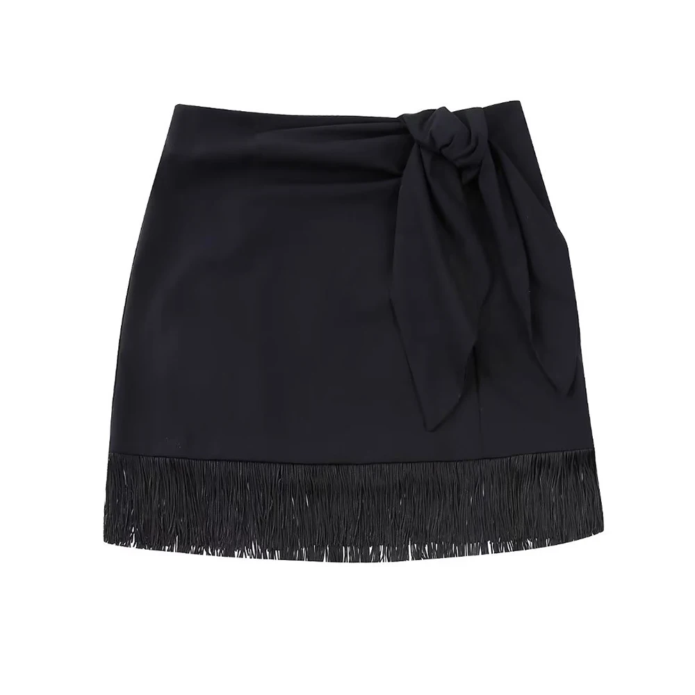 

PB&ZA Mini Skirt Women's Fashion 2022 Chic High Waist Bow TASSEL Decorate Lady Skirt Vintage Slim Black Female Clothes 8846535