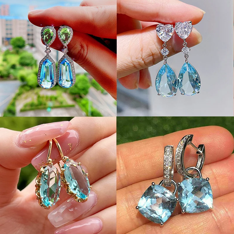 

JUNZI New Luxury Blue Cubic Zircon Dangle Earrings for Women Sparkling Geometry Crystal Bridal Wedding Jewelry Christmas Gift