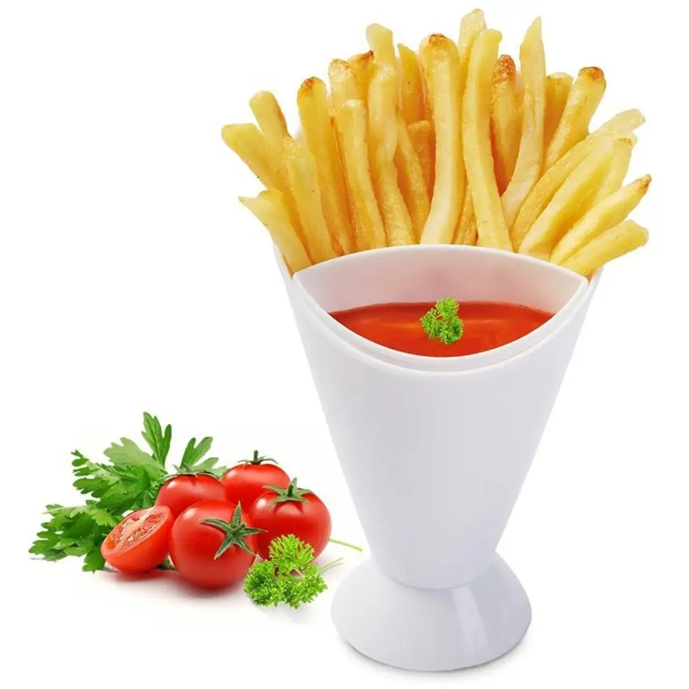 

2 in 1 Self Stand French Fries Shelf Holder Plastic Cup Assorted Sauce Chips Snack Cone Dip Cup Tableware Two Cup-mouth Kitchen