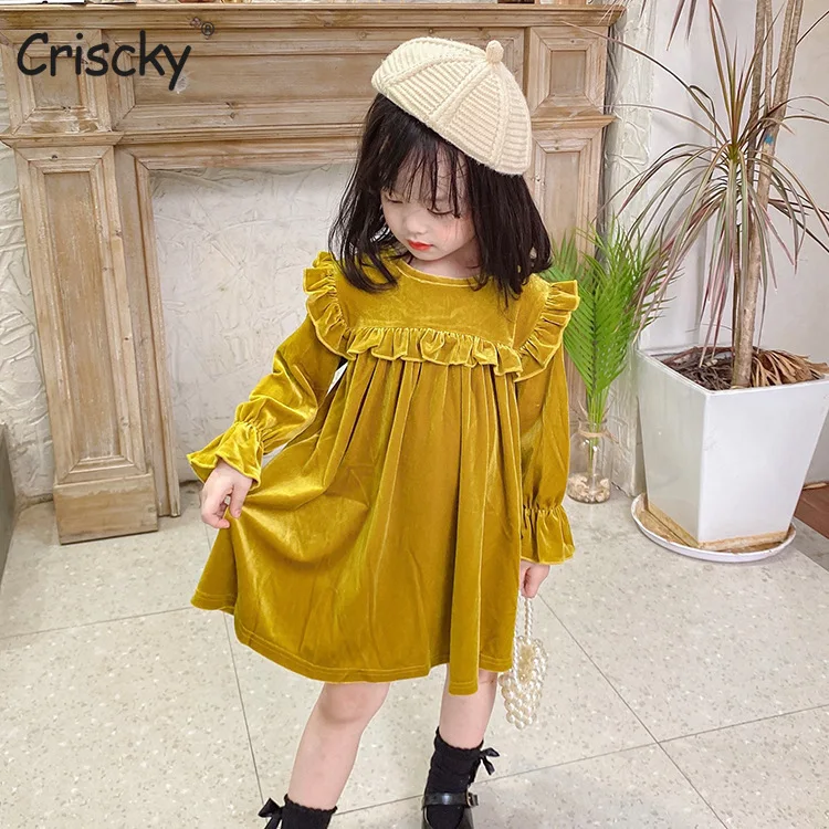 

Criscky Autumn 2022 New Girls Dress Long Sleeve Velvet Ruffles Long Sleeve O-neck Solid Color Cute Sweet Baby Vestidos