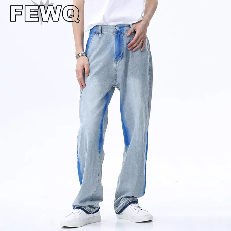 

FEWQ Graffiti Stitching Color Men's Jeans High Street Casual Denim Pants Male Straight Vintage Trousers Niche Design New 24B3140