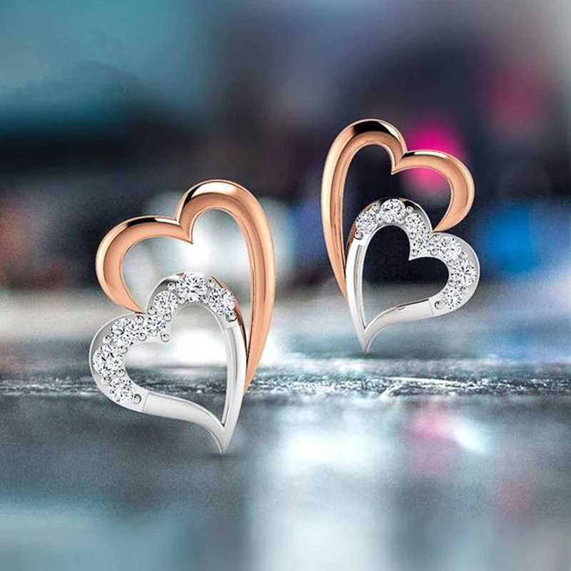 

New Romantic Double Heart Earrings with CZ Stone for Women Fresh Style Wedding Engagement Party Accessories Hot Sale Jewelry