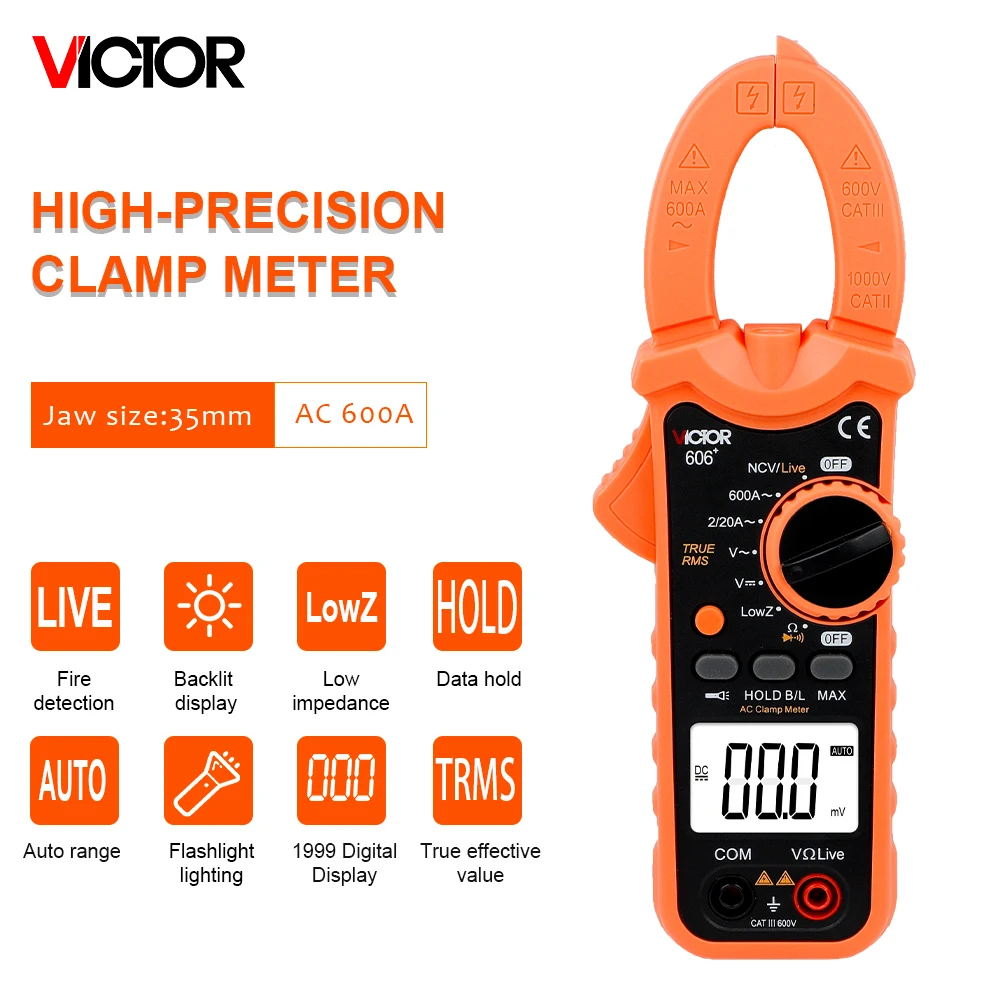 

VICTOR 606+/606A+/606B+/606C+ Digital Clamp meter AC/DC 600V/600A Clamp multimeter with Live NCV Flashlight True-RMS function