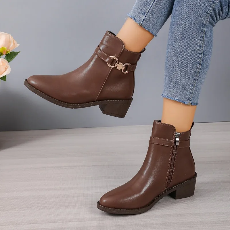 

Shoes for Women 2023 New Metal Decoration Women's Boots Fashion Side Zipp Modern Boots Women Sexy Pointed Toe Ankle Bootszapatos