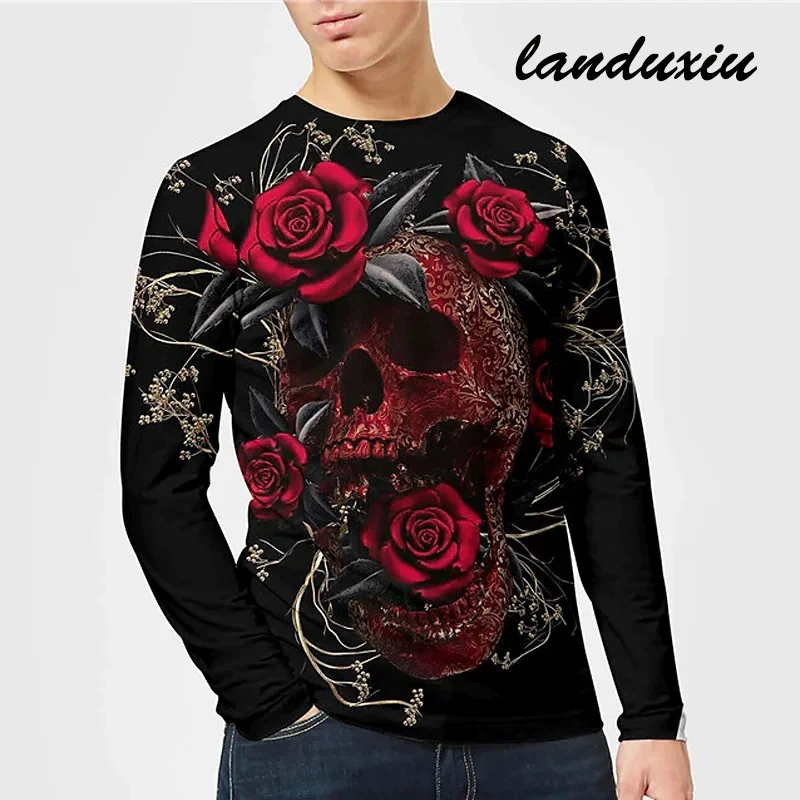 

Мужская футболка с длинным рукавом, круглым вырезом и 3D-принтом черепа
