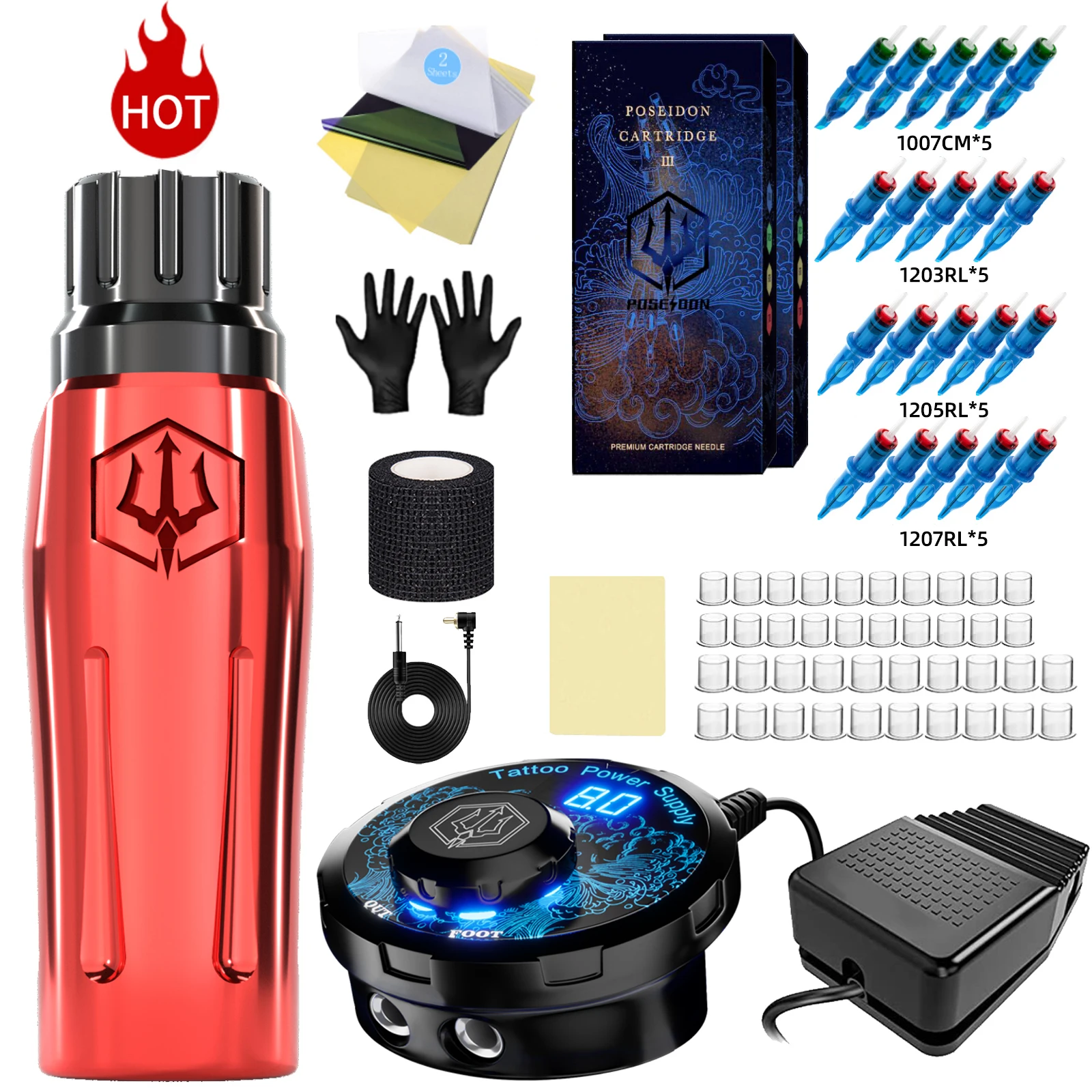 

POSEIDON Tattoo Kit Tattoo Pen Kit with Pedal Tattoo Kit Strong Quiet Motor Rotary Electric Tattoo Gun Kit