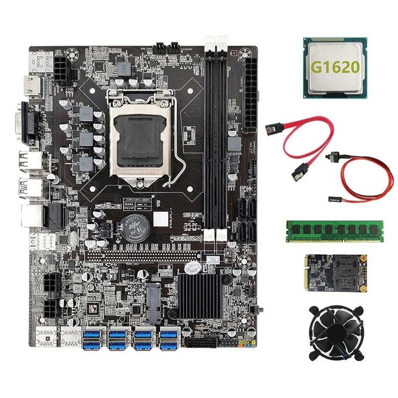 

Материнская плата B75 для майнинга, 8xpcie на USB3.0 + G1620 CPU + Fan + DDR3 4 Гб 1600 МГц RAM + 128G SSD + кабель SATA + кабель переключателя
