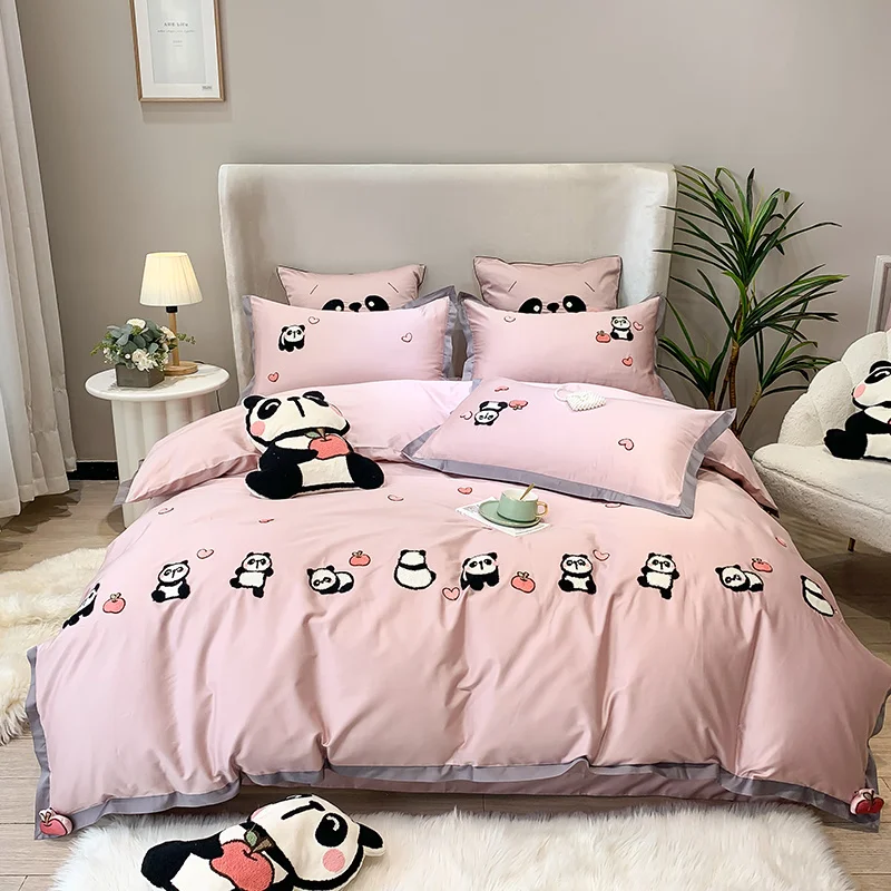 

Luxury Pink Cartoon Panda Embroidery 800TC Egyptian Cotton Bedding Set Duvet Cover Flat/Fitted Sheet Pillowcases Home Textiles