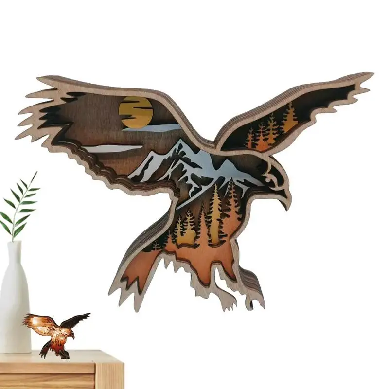 

Carved Wood Wall Art Animal Multi-layer Rustic Animal Ornaments Wood Hollowed Carved Animals Figurine With LED Light For Home