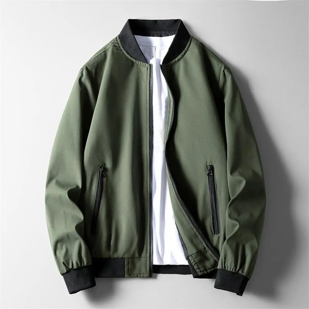 

Trendy Baseball Coat Autumn Winter Bomber Jacket Ribbed Neckline Pure Color Stand Collar Coat Dressing