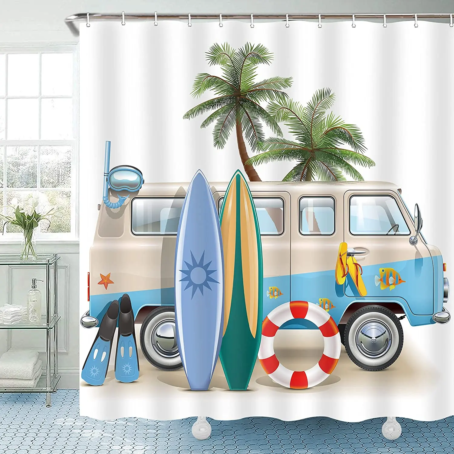 

Surf RV Fabric Shower Curtain Set for Bathroom Decor Beach Coastal Theme Bath Curtains Tropical Palm Trees Pattern Camping Car