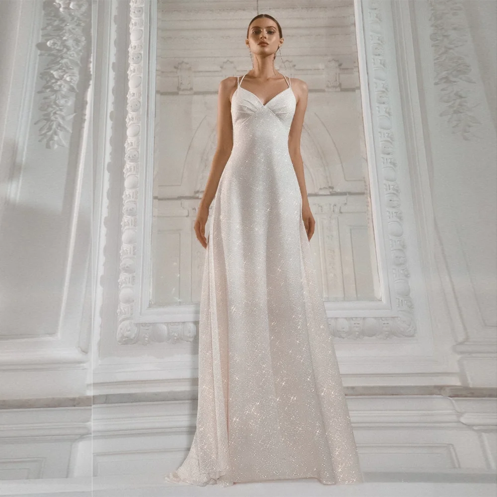 

UETEEY Shiny Tulle Wedding Dresses Deep V-Neck Mermaid Bride Gown Backless Sleeveless Sweep Train 2022 Vestido De Novia