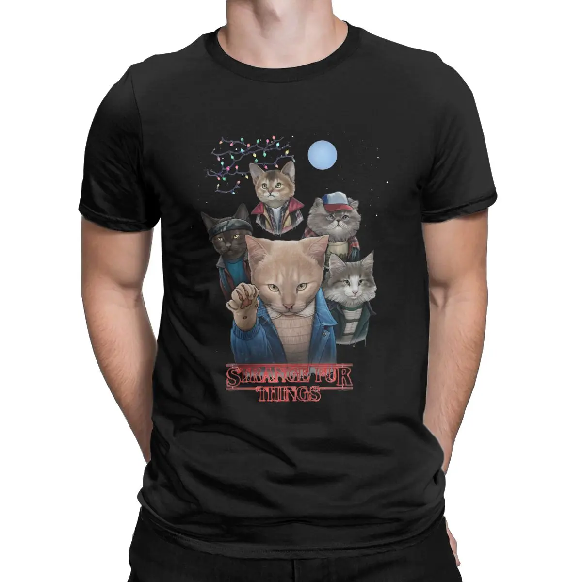 

Strange Fur Things Funny cats t shirt for men Stranger Things Novelty 100% Cotton O Neck Short Sleeve T Shirt Gift Idea Tops