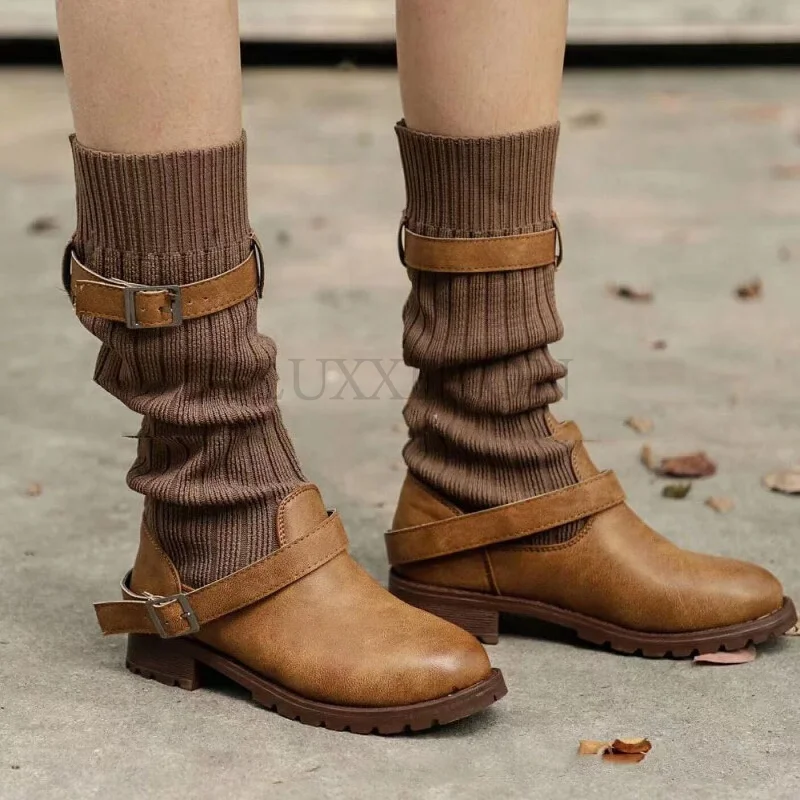 

Medium Motorcycle Boots Flat Bottom Belt Buckle Women Mid Heel Round Head Shoes High Breathable Sleeve Feet New Large Fashion