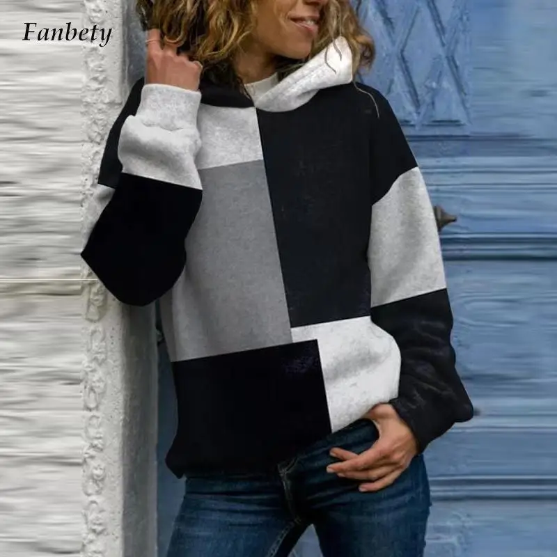 

Свитшот женский с длинным рукавом, винтажный Свободный Топ с геометрическим узором в стиле пэчворк, элегантный пуловер с капюшоном, повседневная одежда, осень-зима