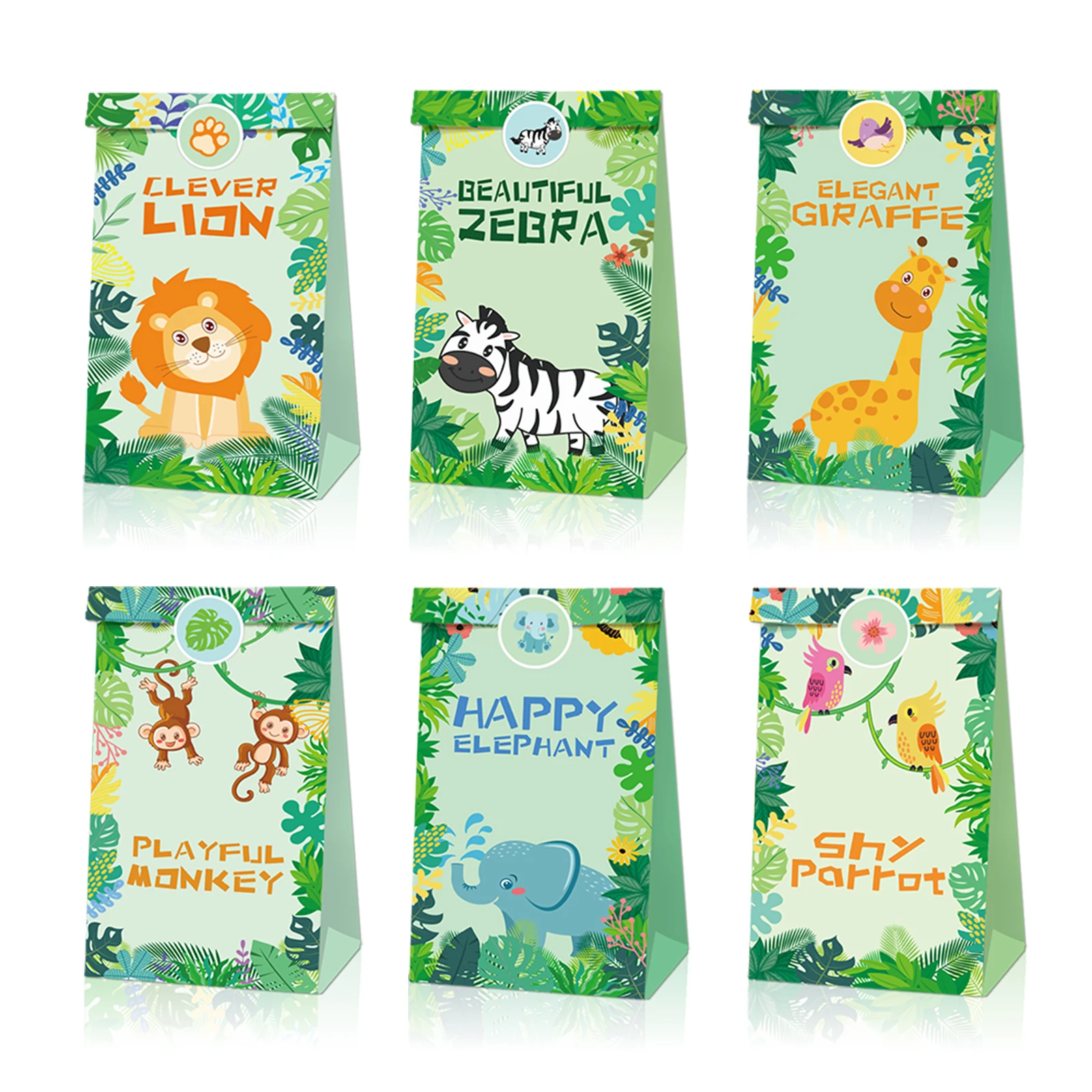 LB083 12Pcs Cartoon Jungle Animals Lion Zebra Birthday Party Candy Packing Kraft Paper Gift Bags Baby Shower Party Decorations