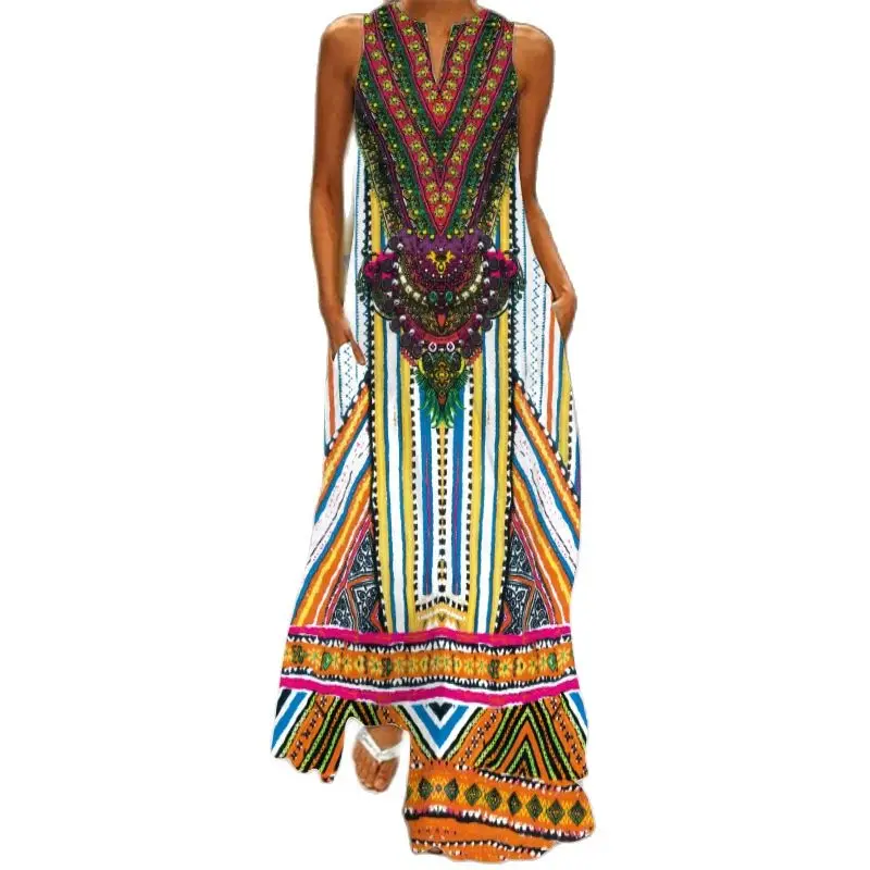 

Maxi Dress Flower Elegant Ladies Sleeveless Fashion Retro Printing Sexy Pocket Party Robe S-5XL