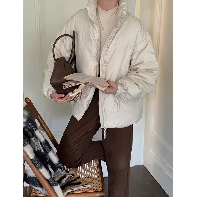 Down Jacket Women's Short Winter Loose Cotton Clothing Solid Color Casual Thick Standing Collar Warm White Eiderdown Coat