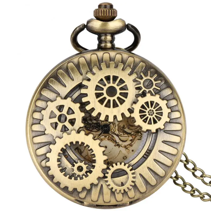 

Antique Sculptured Gear Hollow Skeleton Windmill Wheel Reel Quartz Pocket Watch Chain Bronze Machinery Dial Necklace Gifts Clock