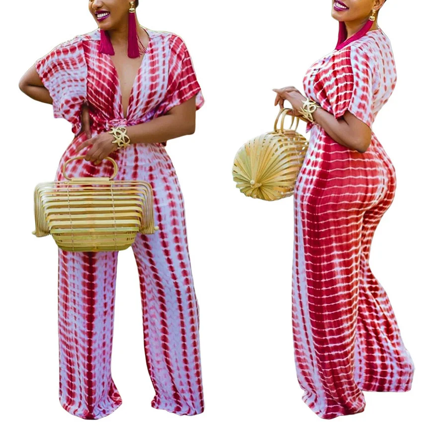 Fashion Print Jumpsuits Sexy Deep V Neck Short Sleeve Long Pants Plus Size Women Loose High Waist Elegant Evening Night Jumpsuit