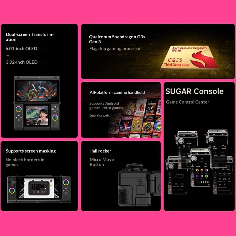 Фото Портативная игровая консоль Onexplayer Onexsugar Sugar 1 с двумя экранами, ретро-геймпадом, джойстиком Hall, OLED-дисплеем G3 Gen3, Bluetooth, Wi-Fi №4