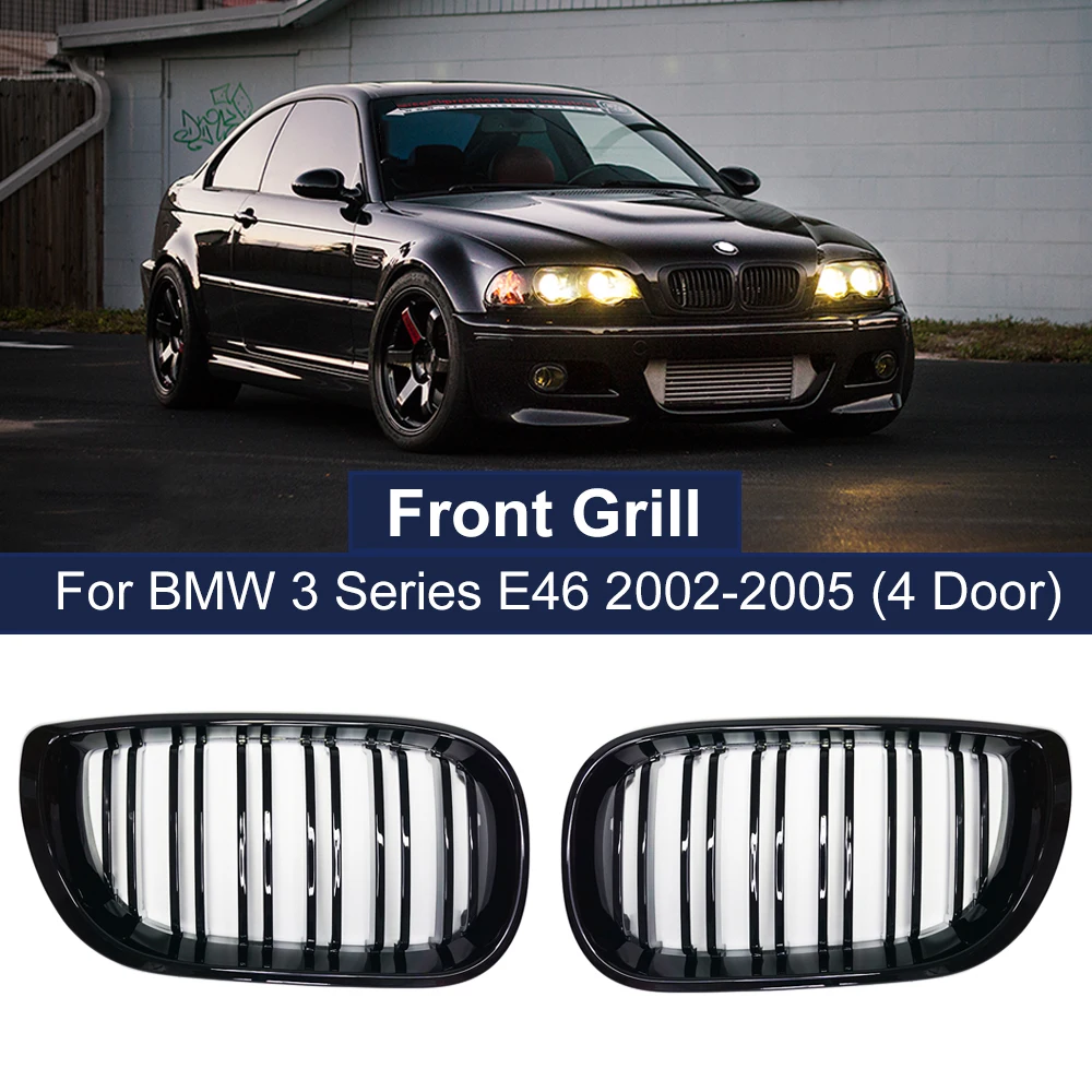 1Pair Car Front Kidney Grills Gloss Black Double Slat Hood Grill for BMW 3 Series E46  2002-2005 Racing Grille Car Replacement