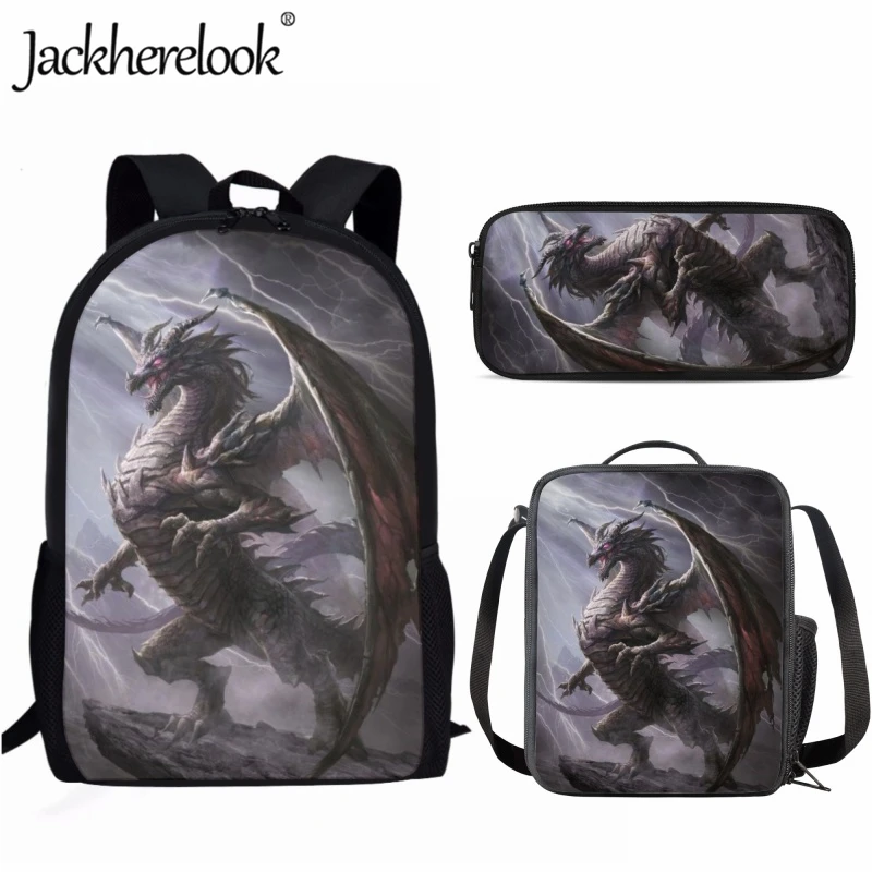 Jackherelook 17inch Child School Bag Fashion Cartoon Dragon School Backpack 3pcs/Set Crossbody Lunch Bag Pencil Case for Boys