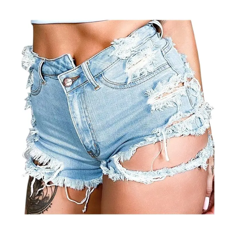 Summer 2023 New Women Irregular Ripped Hole High Waist Fashion Casual Jeans Shorts Denim Light Blue Zipper Sexy Nightclub Party
