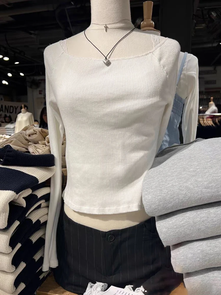 Белая ребристая тонкая футболка с длинным рукавом женская сексуальная хлопковая