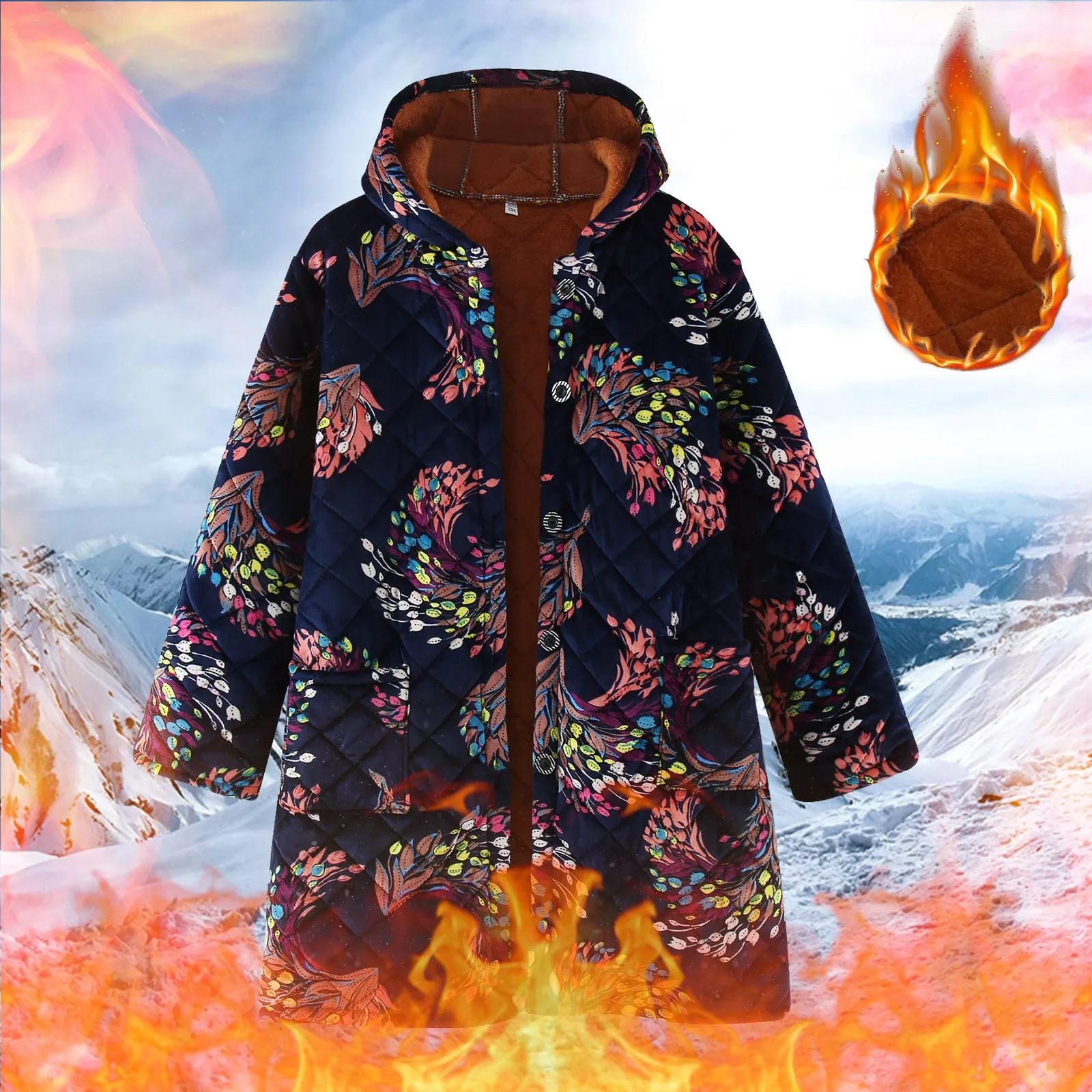 

Женская осенне-зимняя куртка с длинным рукавом и цветочным принтом