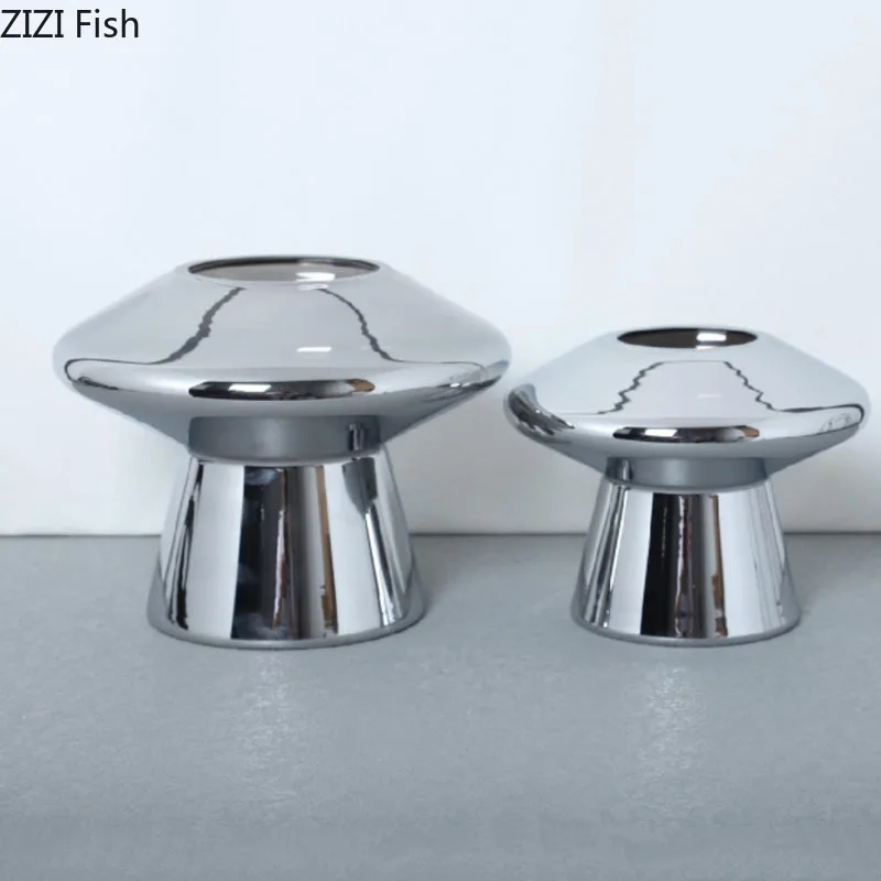 

Silver Plated Mushroom Glass Vase Desk Decoration Flowers Pots Decorative Flower Arrangement Floral Vases Modern Home Decor