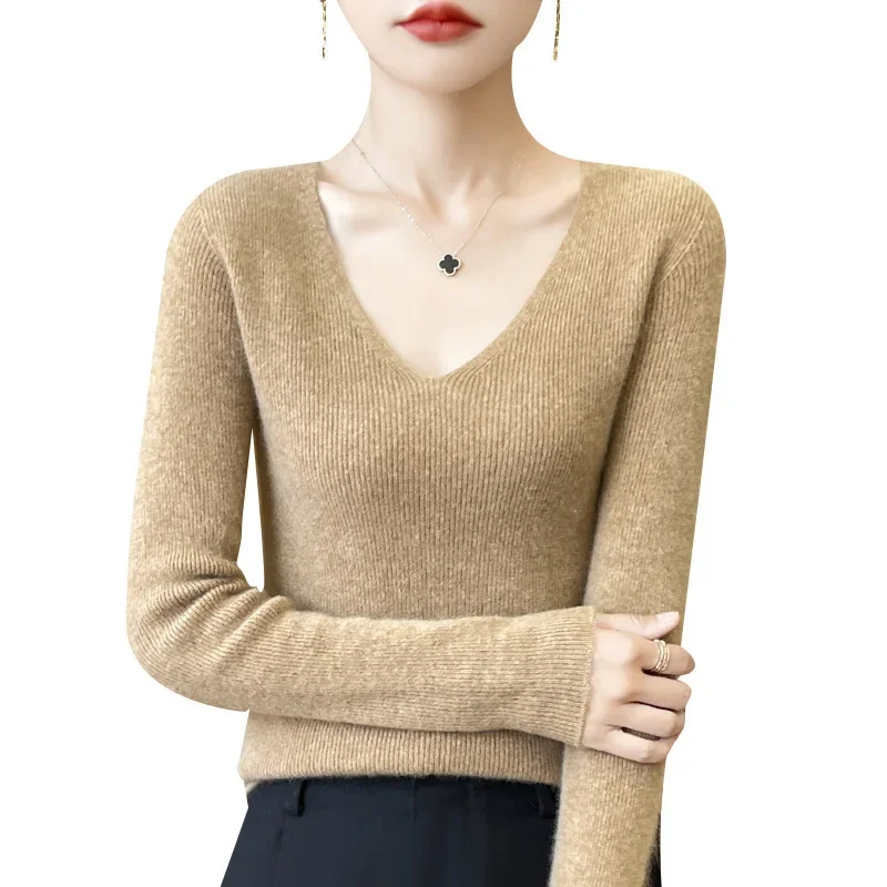Утолщенный вязаный женский свитер с v-образным вырезом и длинными рукавами